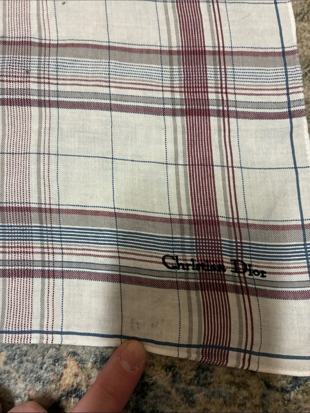 Christian Dior Plaid Cotton Bandana Scarf - White with Burgundy & Blue